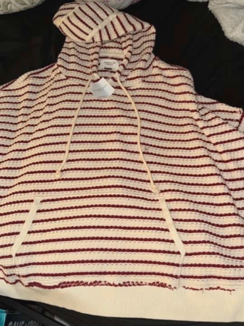 American Eagle Outfitters Cream and Burgundy Striped Hooded Sweater